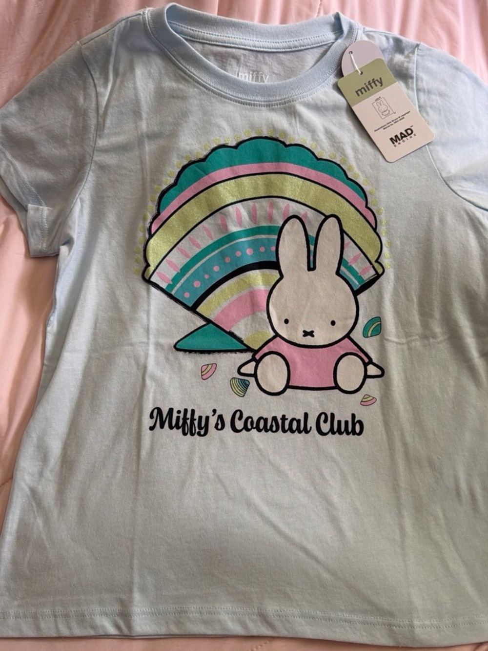 miffy Light Blue Tee with Pastel Rainbow & Pink Bunny